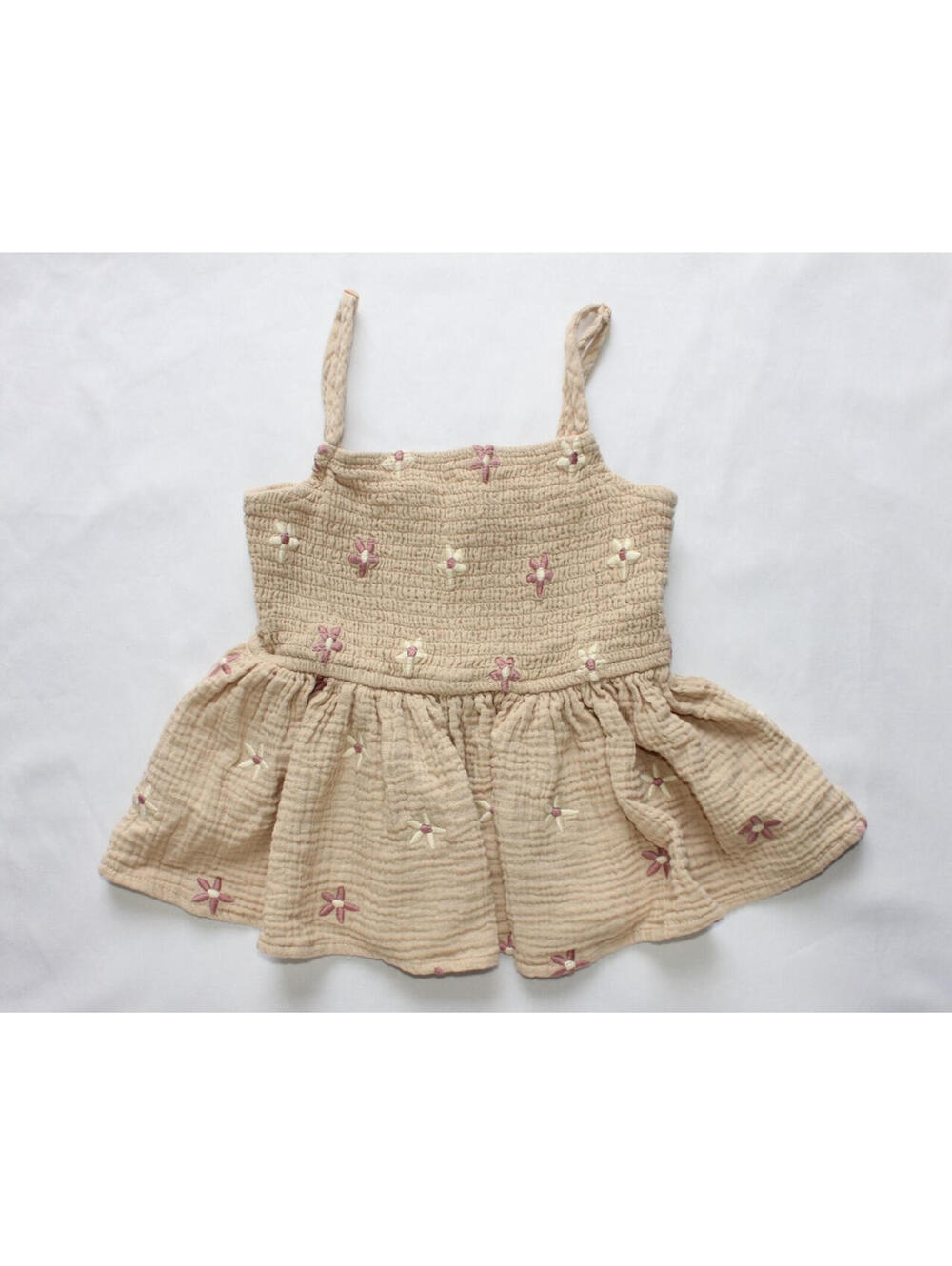 Thirty Thirty LA Girls Size XS Tan Floral Embroidered Smocked Crop Tank Top